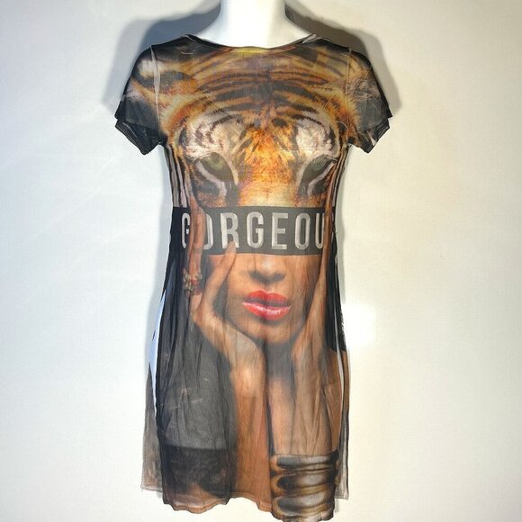 Love J SZ XL Mesh Semi Sheer Stretch Graphic Dress Retro Y2K Graphic 80's Edgy - Picture 1 of 6